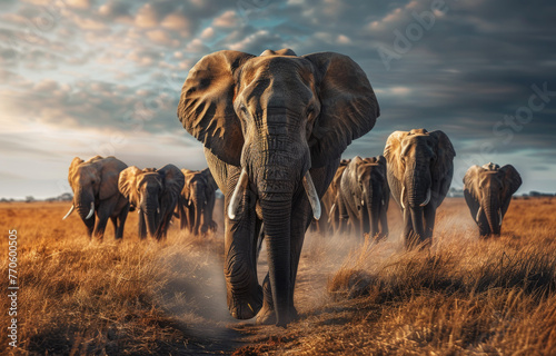 A herd of elephants walking across the savannah © Kien