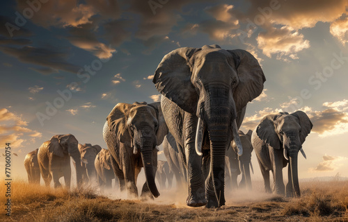 A herd of elephants walking across the savannah
