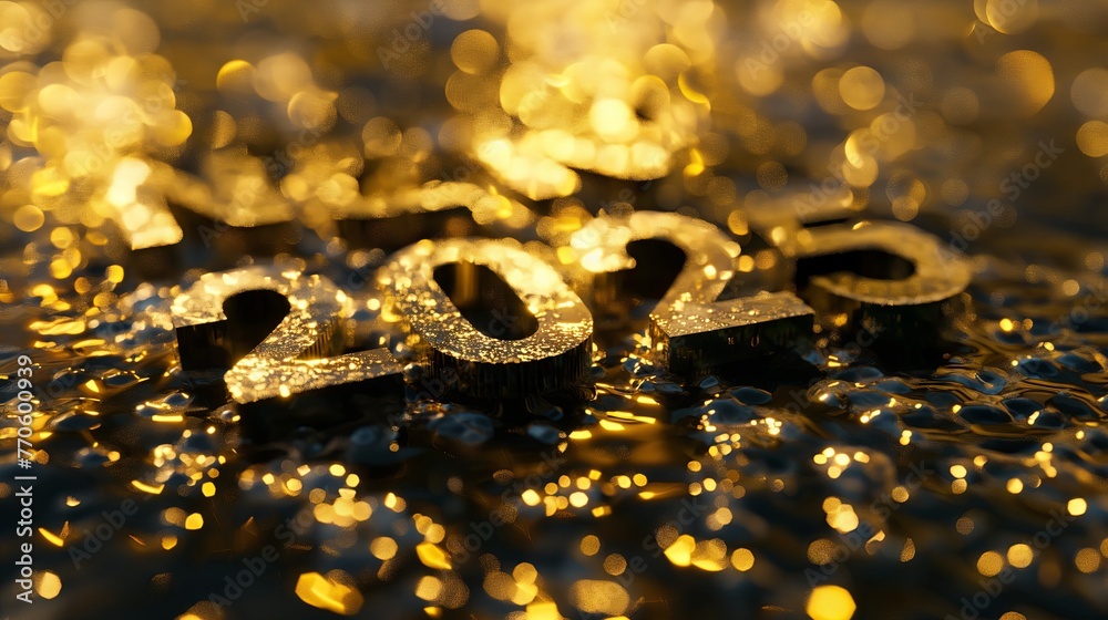golden 3d rendering of 2025 , new year style, flat background, fireworks