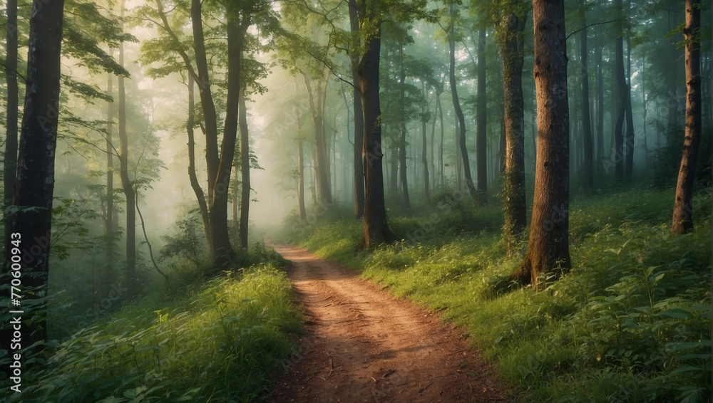 A photo of a winding forest path with trees and sunlight shining through the trees.

