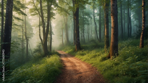A photo of a winding forest path with trees and sunlight shining through the trees.