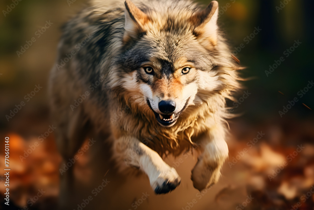 Fototapeta premium running wolf with motion blurred background, wolf in motion, running wolf motion blurred, wof
