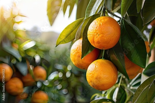 Bunch of fresh ripe oranges hanging on a tree in orang.