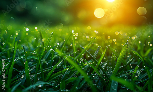 A field of green grass with raindrops on it. The grass is wet and the sun is shining through the rain
