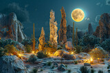 Imagine and render a digital composition capturing the surreal beauty of a green park oasis amidst the desert sands, adorned with distinctive rock sculptures and illuminated by the radiant glow 