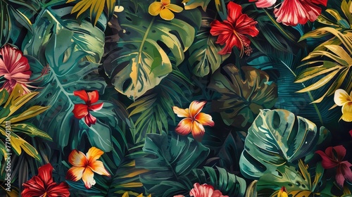 Tropical retro wallpaper in watercolor style.