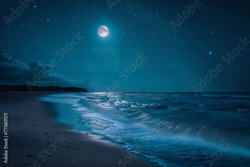 Moonlit Beach Whispers: Soft Waves Caress the Shore Under Starlight