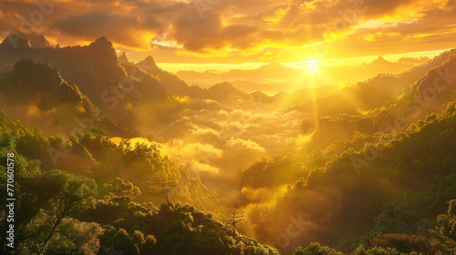 As the sun rises above the horizon, its golden rays illuminate the mist-shrouded peaks of a mountain range, creating a mesmerizing spectacle in the heart of summer. 