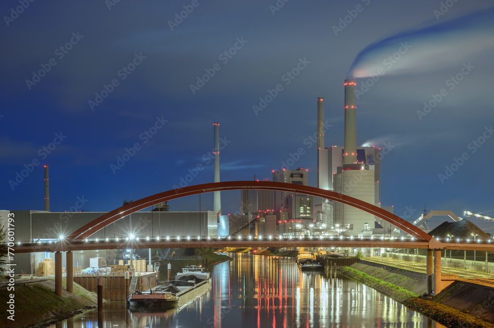 Evening View of a modern Coal Plant in Mannheim, Germany - obrazy, fototapety, plakaty 