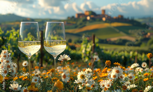 Two wine glasses are placed in a field of flowers. The scene is serene and peaceful, with the wine glasses
