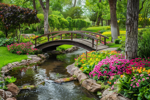 Serene Garden Paths Weave Through Blooming Flowers and Flowing Streams