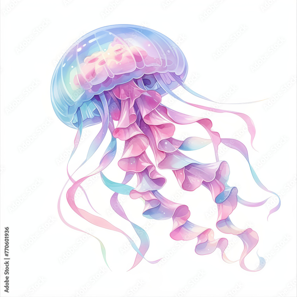 Fototapeta premium Clipart of a pastel, watercolor jellyfish, hand-drawn with ethereal tentacles floating serenely, isolated on white background