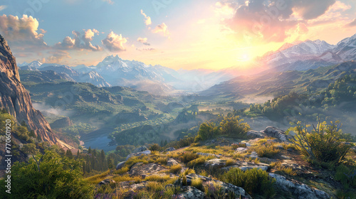 As the sun rises above the mountain horizon, its warm rays illuminate the tranquil summer landscape, casting a soft glow over the rugged terrain.  © Haris