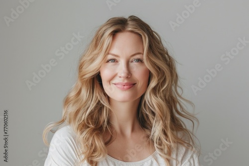 Elegant lady with curled blonde locks and a serene expression, wearing a white top, embodying grace and simplicity.