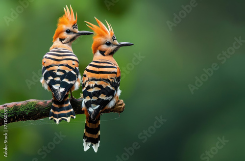 Two hoopoe birds with black and white feathers perched on a branch, with orange frills around their necks against a green background © Kien