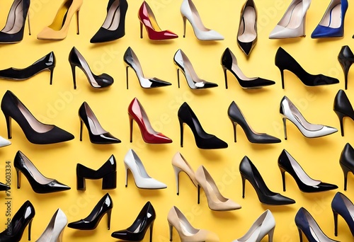 Different stylish high heels on yellow background 