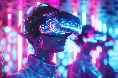 Digital pioneers in virtual gear navigate a cybernetic dimension, neon beams crafting an otherworldly ambience © NS