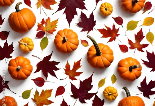 Creative composition of the autumn theme and the Halloween holiday from a group of pumpkins and natural maple leaves and a rowan leaf of yellow  orange  red  burgundy  green on a white background. See