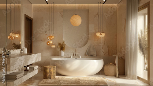 This bathroom showcases a warm ambiance with ambient lighting  highlighted by a modern oval bathtub and marble surfaces