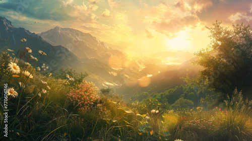 As the sun rises over the horizon, its golden rays bathe the mountain landscape in a warm, ethereal glow, signaling the arrival of a new day in the heart of summer. 
