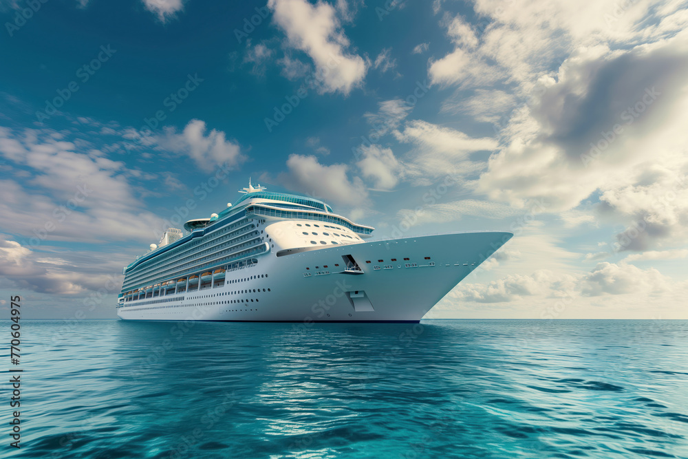 On waves of ocean, a beautiful large cruise ship floats AI Generative - obrazy, fototapety, plakaty 