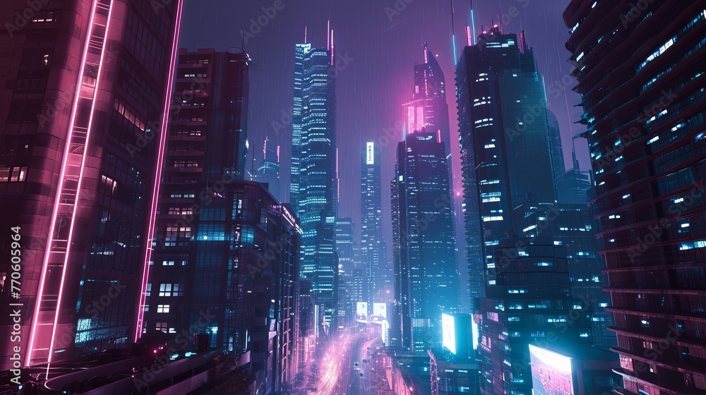 Futuristic Cityscape: Neon-Lit Skyscrapers, Rain-Soaked Streets, and Glowing Urban Nightlife