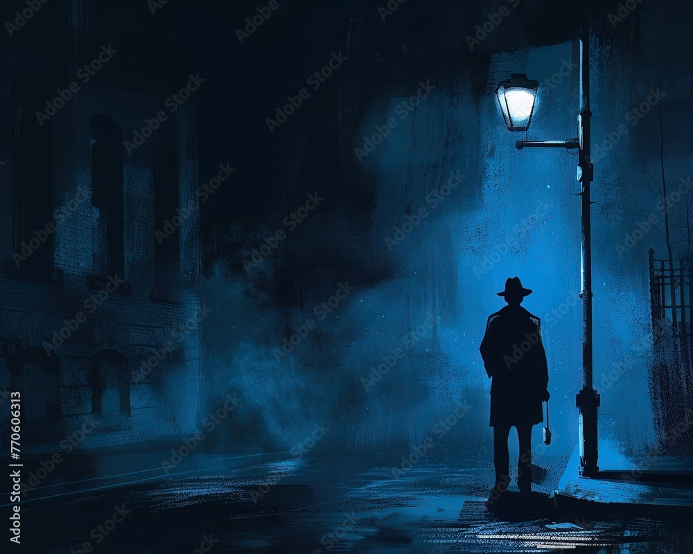 Lone detective in a dark urban street under a flickering light poised and ready for an undercover operation