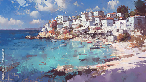 Seaside village landscape with boats and clear water. Oil painting style illustration. Mediterranean travel and tourism concept. Design for travel brochures, destination posters, and seaside decor. photo