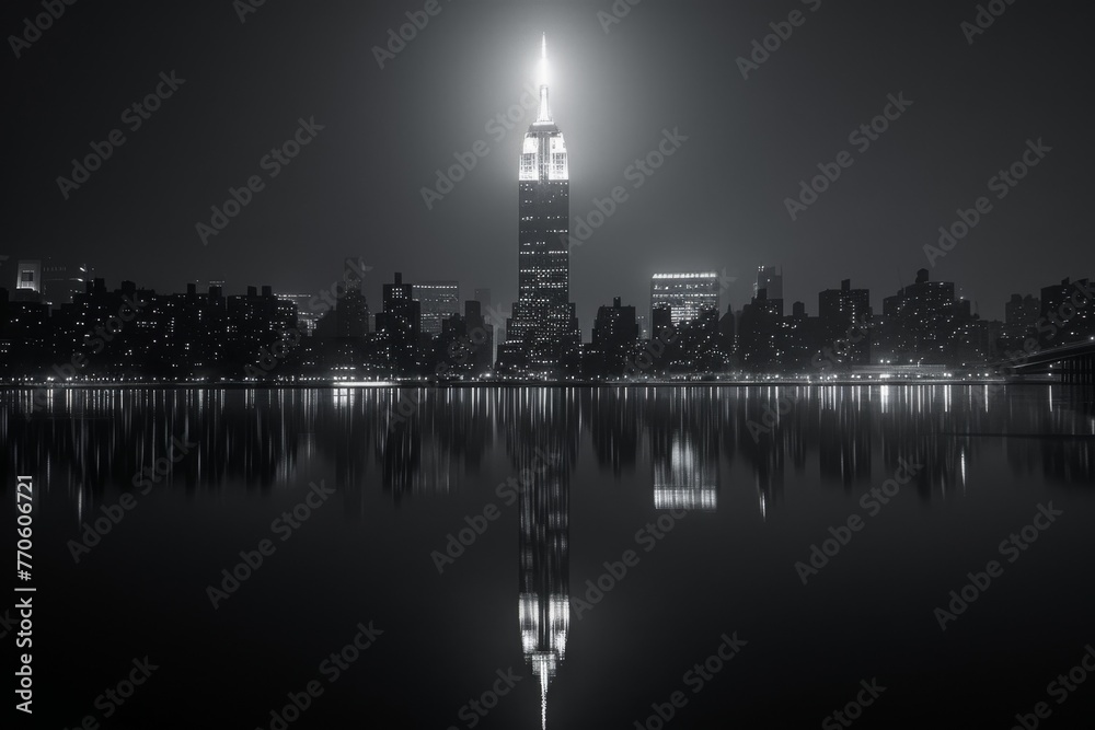 Black and white photo of a night city with tall buildings, selective focus