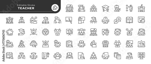 Set of line icons in linear style. Series - Teacher, teaching and education. Knowledge, teach, book, school and university. Outline icon collection. Conceptual pictogram and infographic.