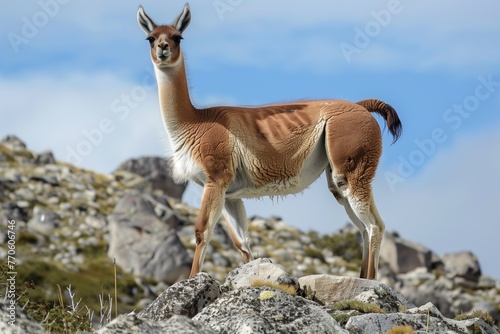 single guanaco standing on a rocky hilltop