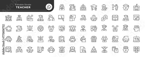 Set of line icons in linear style. Series - Teacher, teaching and education. Knowledge, teach, book, school and university. Outline icon collection. Conceptual pictogram and infographic. photo