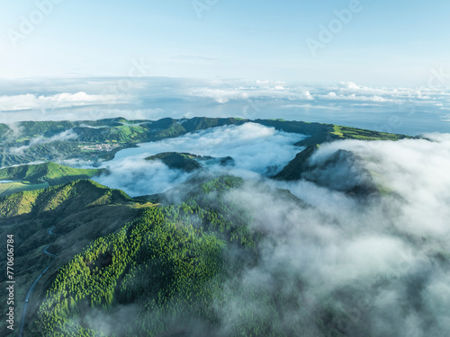 Aerial view of Seven Lakes, Sao Miguel Island, Vulcanic lake, Feteiras, Azores, Portugal. photo