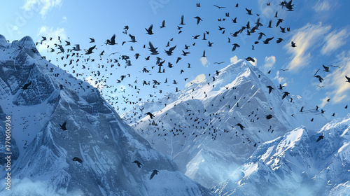 A flock of migratory birds soaring over a rugged mountain landscape, their wings silhouetted against the backdrop of snow-capped peaks and icy glaciers. 32K. photo