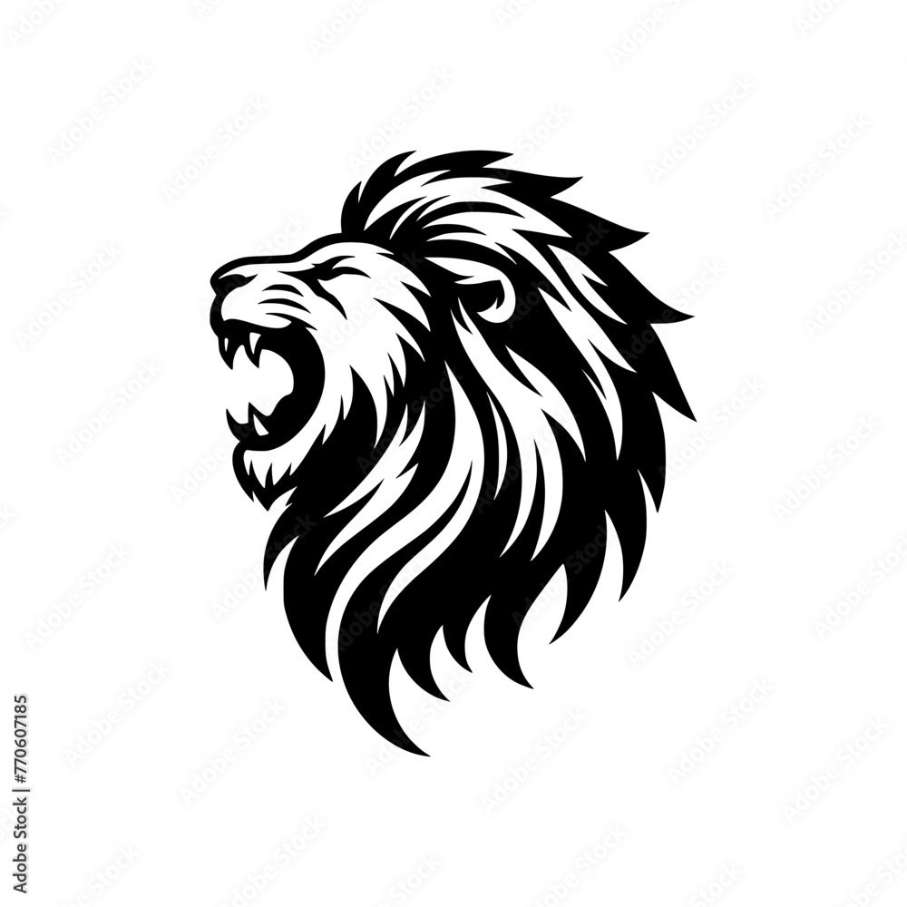Vector logo of a roaring lion. Black and white illustration of a king of the jungle.