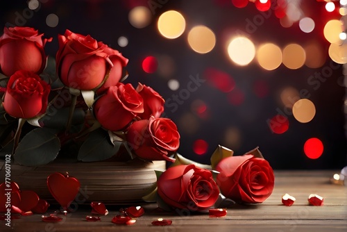 bouquet of red roses on wooden table - candles and rose petals - Love and valentine. Generated AI