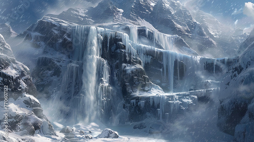 A frozen waterfall cascading down the sheer cliffs of a glacier, its crystalline veil shimmering in the cold mountain air against a backdrop of towering peaks. 32K. photo