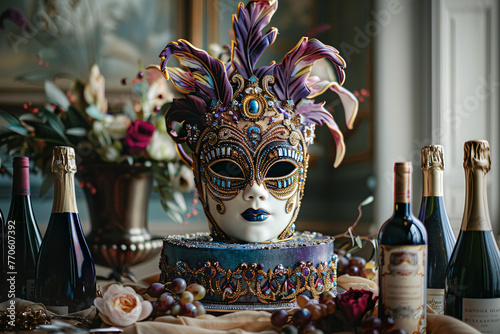Imagine a luxurious wedding anniversary cake designed as an elaborate masquerade mask, with ornate detailing and vibrant colors, and bottles of exquisite wine arranged around it, symbolizing the myste photo