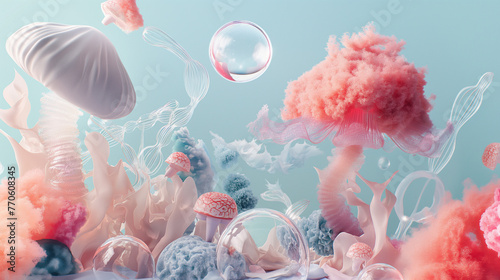 Sea Plants and Corals. Surreal Underwater Landscape in Pastel Colours. Fantasy psychedelic background. 