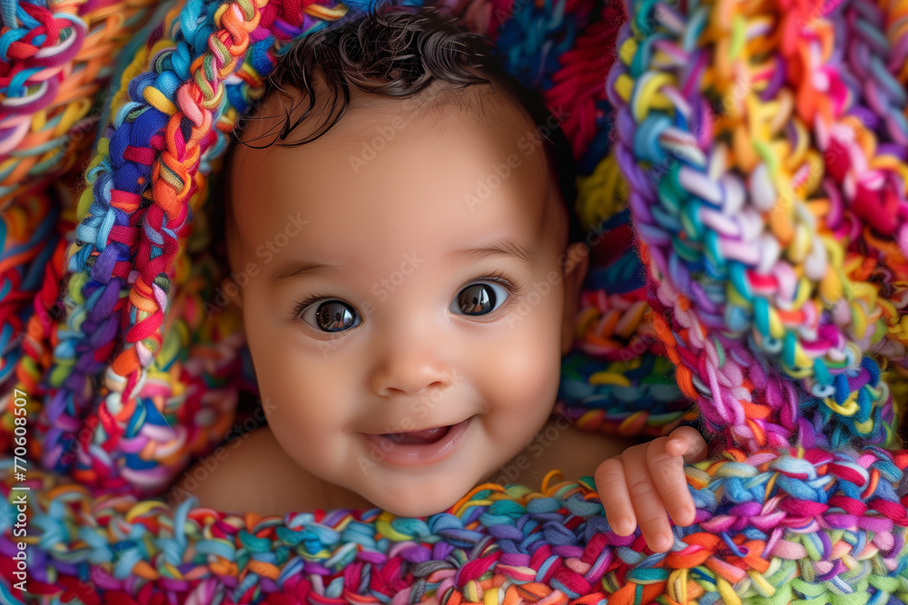 Cheerful Mixed-Race Baby Peeking from Colorful Knit Blanket, Joyful Innocence Cheerful Mixed-Race Baby Peeking from Colorful Knit Blanket, Joyful Innocence