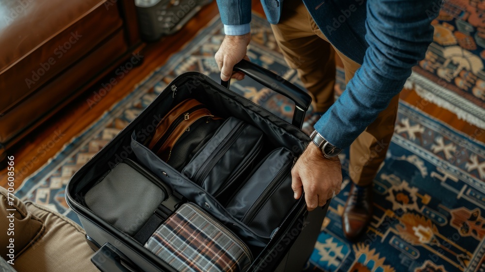 Man packing suitcase for business trip at home
