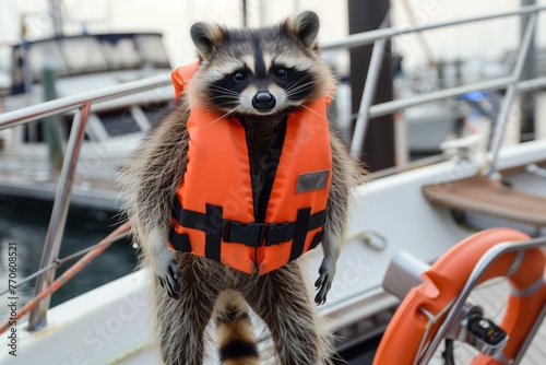 raccoon wearing life jacket, standing on yachts bow