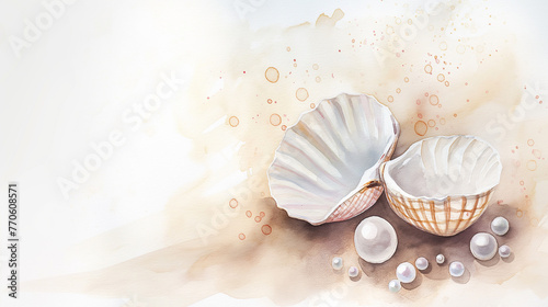 Sea shells and pearls on a soft watercolor background. Watercolor painting with copy space. Nautical theme and luxury jewelry concept. Design for greeting cards, invitations, and wedding stationery. photo