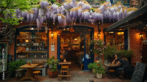 cafe with many flowers wisteria branches
