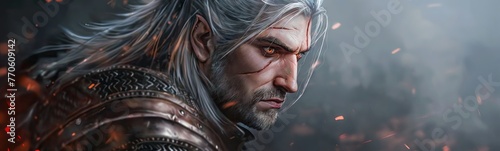 witcher style man, straight white hair, scar on his face, epic scene photo