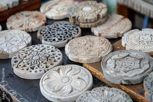 collection of carved stone coasters at artisan stall