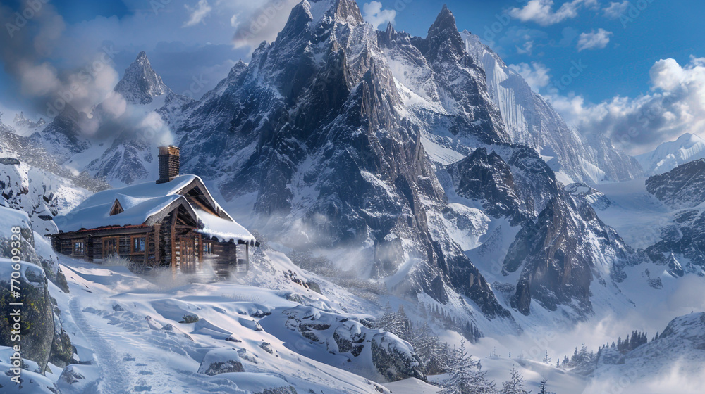 A remote mountain cabin nestled in a snow-covered valley, with smoke curling from its chimney against the backdrop of icy cliffs and jagged peaks. 32K.