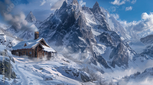 A remote mountain cabin nestled in a snow-covered valley  with smoke curling from its chimney against the backdrop of icy cliffs and jagged peaks. 32K.