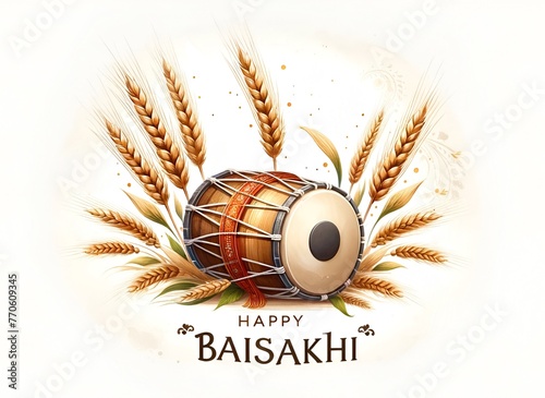 Happy baisakhi watercolor card illustration with dhol and wheats. photo