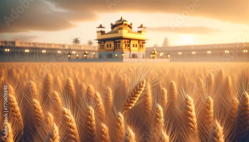 Realistic illustration for baisakhi with golden temple and wheat field. photo